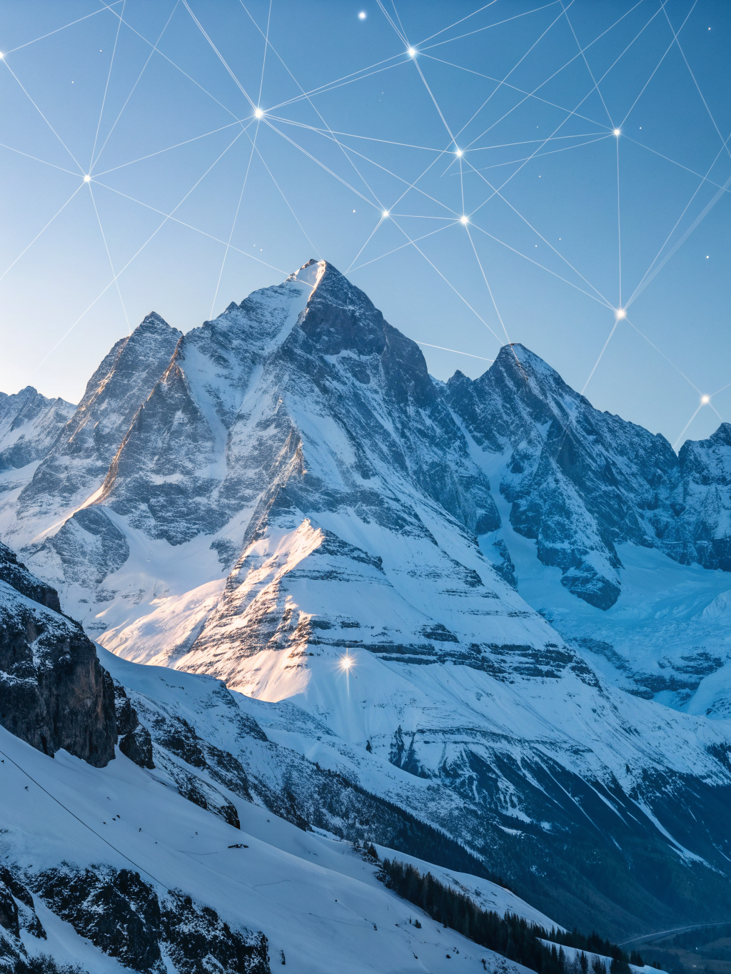 Schweizer Alpen mit digitalem Blockchain-Gitter